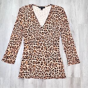 INC Women's M NWT Leopard Print V-Neck 3/4 Sleeve Rayon Ribbed Top New
